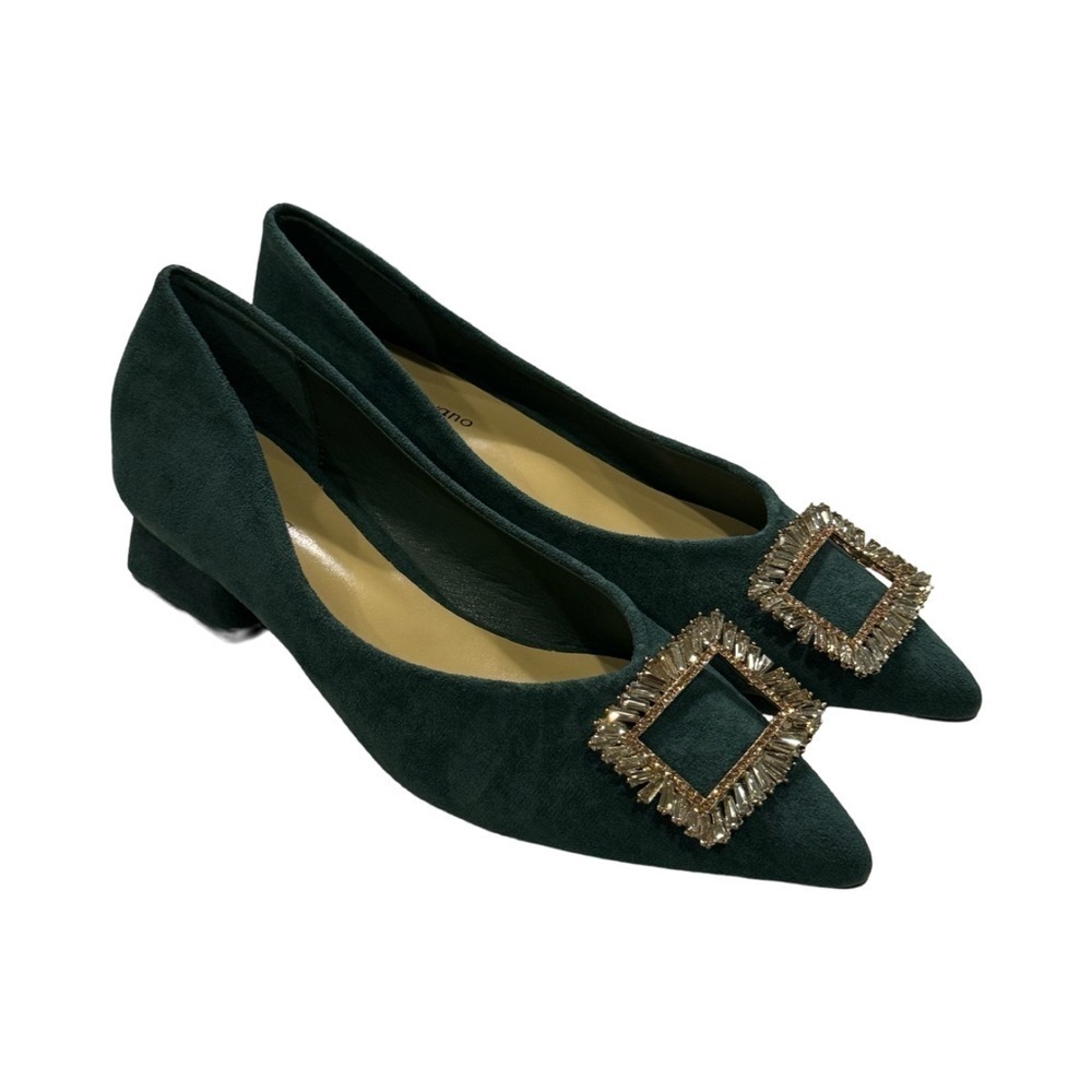 Green Suede Flats with Decorative Buckle